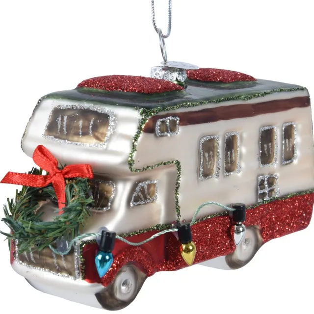 Kaemingk kersthanger camper wit rood 11 cm glas met glitter