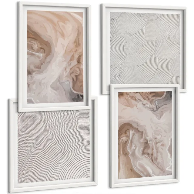 Coloray 4-Delige Schilderij Set - Abstracte Marmerpatronen, Steentexturen - 40 x 40 En 40 x 60 - Muurdecoratie - Wanddecoratie - Slaapkamer - Stijlvolle Muurdecoratie Witte lijst