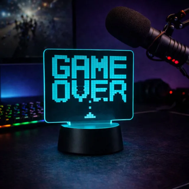 Qware 3D LED Lamp - Game Over - 16 kleuren & effecten - Acryl lamp - Touch control - Afstandsbediening Multicolor, Lichtblauw
