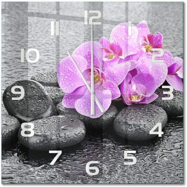 TULUP Wandklok - Orchideeënstenen Wandklok Glas Decoratie - 60x60 cm - Roze Gekleurde Glazen Klok - Witte handen - Vierkante Klok - Klok Glas Met Opdruk - Moderne Wandklok Glas