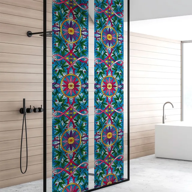 Ambiance Sticker Privacy raamfolie - Glas-in-lood met ranken en bloemen - Stickers voor ramen en douchedeuren - 40x200cm Blauw