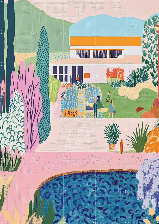 IXXI Museumtuin, Artclaud - 100 x 140 cm - Grote wanddecoratie en posters - Abstract, Digitale Kunst, Kleurrijk, Speels, Illustraties, Woonkamer Roze / Blauw / Groen