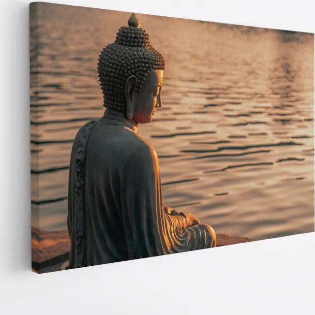 Saammp Canvas Schilderij - Boeddha bij het water - 60x40 - Foto op canvas - Wanddecoratie - Muurdecoratie Woonkamer - Canvas schilderijen Multicolor