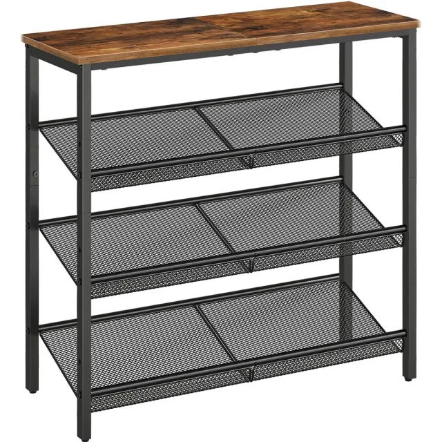 Trankielo Ruimtebesparend Schoenenrek met 4 Verdiepingen – Verstelbaar Metalen Roosterrek – Schoenenkast voor 12-15 Paar Schoenen - Vintage Bruin-Zwart Rustiek Bruin + Zwart