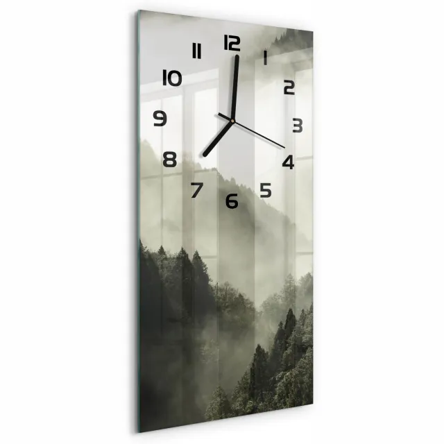 TULUP Wandklok - Mist boven het bos Klok Glas Met Opdruk - 30x60 cm - Zwart-wit Moderne Wandklok Glas - Zwarte handen - Rechthoekige Klok - Decoratieve Glazen Klok - Glazen Wandklok Design