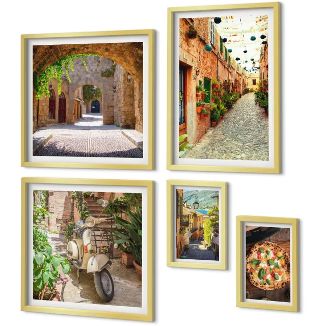 Coloray 5-Delige Schilderij Set - Sfeervolle Straatjes En Heerlijke Gerechten In Italiaanse Stijl. - 50 x 50 cm, 20 x 30 cm En 40 x 60 cm - Moderne Wanddecoratie - Slaapkamer - Decoratieve Schilderijen Gouden lijst