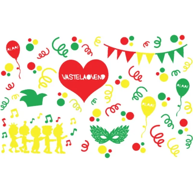 Mint11 Herbruikbare raamstickers carnaval - rood geel groen - vasteloavend rood, geel en groen