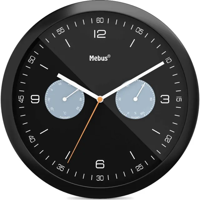 Mebus quartz wandklok met thermometer en hygrometer / Kunststof / Rond / Model: 16100 / Kleur: Zwart, 26 cm diameter
