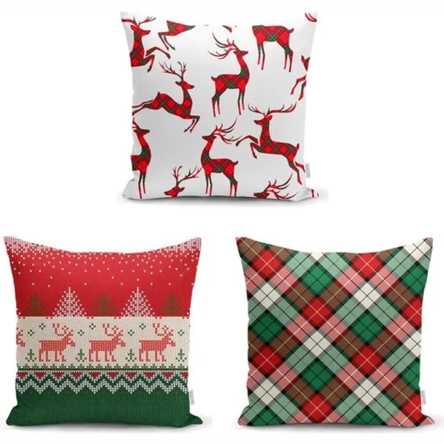De Groen Home Velvet Kussenhoes set van 3 - 50x50 cm - Kerst rendieren - Christmas - Kussenloop Rood
