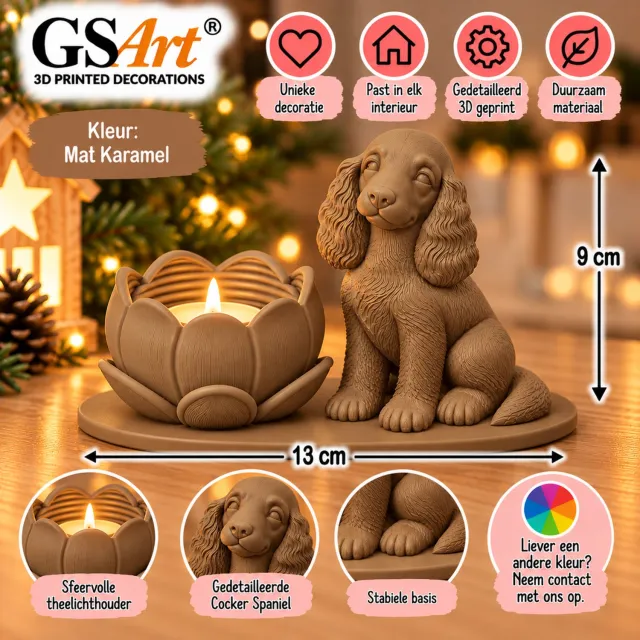 GSArt Theelichthouder Lotus Hond Cocker Spaniel – Inclusief LED Theelichtje - Mat Karamel