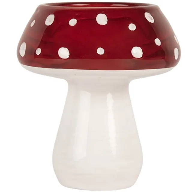 Clayre & Eef Waxinelichthouder Paddenstoel Ø 7x7 cm Rood Wit Glas Herfst decoratie