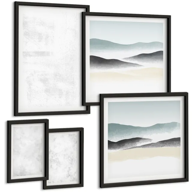 Coloray 5-Delige Schilderij Set - Witte Vlekken Op Canvas En Abstracte, Minimalistische Achtergronden - 50 x 50 cm, 20 x 30 cm En 40 x 60 cm - Decoratieve Muurdecoratie - Slaapkamer - Interieur Decoratie Zwarte lijst