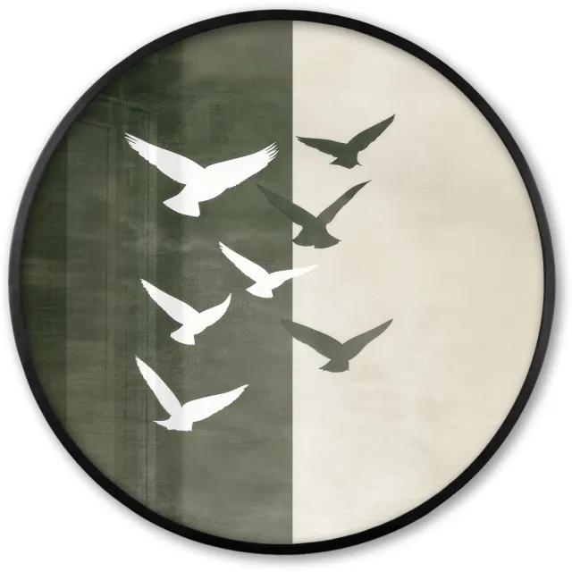 FrameYourWall Poster in lijst Rond - Fotolijst 80x80 cm - Posters - Japandi - Vogel - Groen - Ronde posterlijst zwart - Decoratie - Wanddecoratie woonkamer - Muurdecoratie slaapkamer Vogels