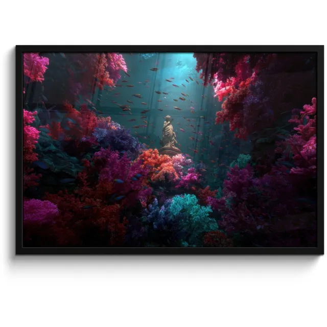 FrameYourWall Poster in lijst - Fotolijst 90x60 cm - Posters - Standbeeld - Zeebodem - Koraal - Kleurrijk - Posterlijst zwart - Decoratie - Wanddecoratie woonkamer - Muurdecoratie slaapkamer