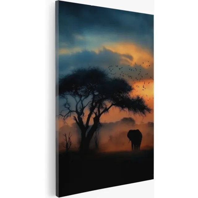 Saammp Canvas Schilderij - Olifant bij boom - Afrika - Natuur - Dieren - 75x100 - Foto op canvas - Wanddecoratie - Muurdecoratie Woonkamer - Slaapkamer decoratie - Canvas Print Multicolor