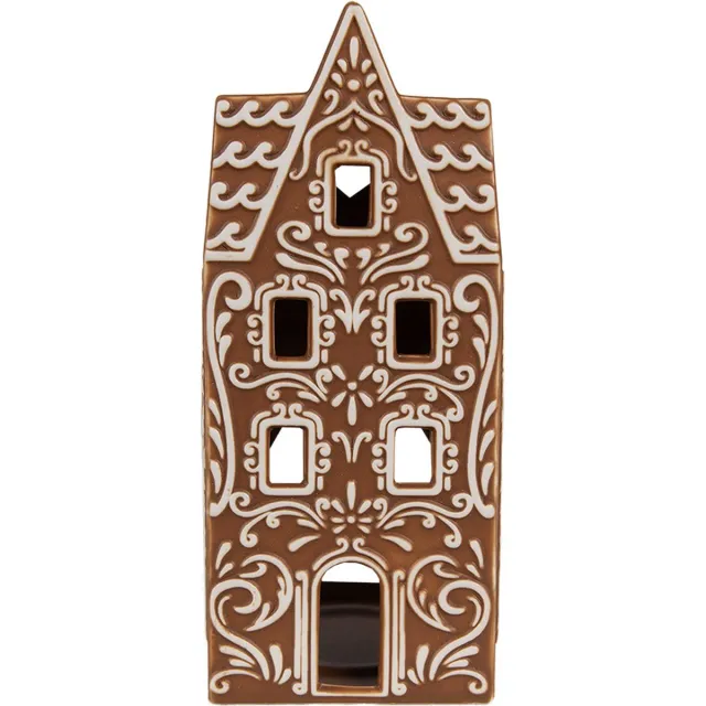 Clayre & Eef Waxinelichthouder Gingerbread house 7x7x17 cm Bruin Porselein