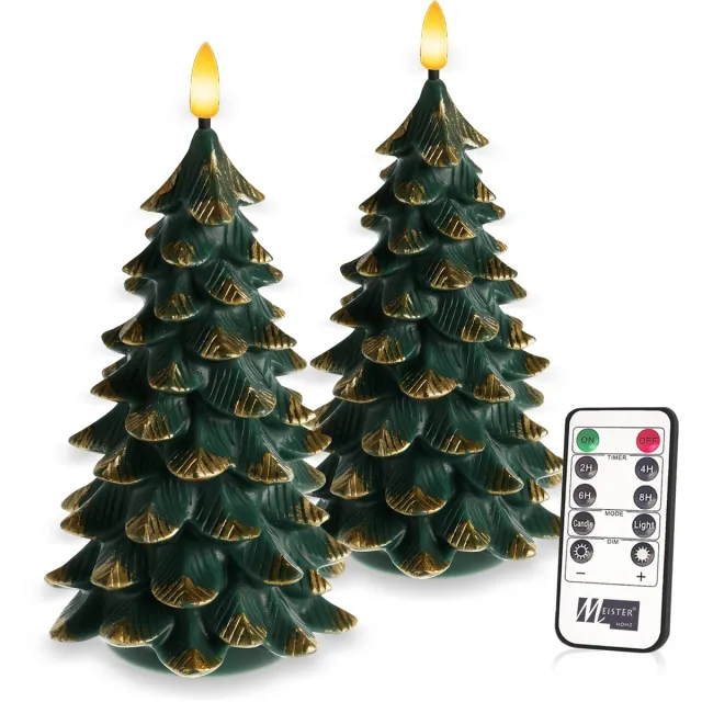 Meisterhome LED Kaarsen Kerstboom – 2-delige Set – Echte wax - met Flikkerend Licht – Timer & Afstandsbediening – Warm Wit – Batterij – 12×12×19 cm Groen