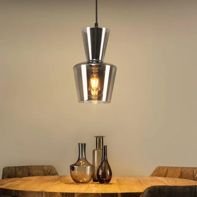 Glitzerlife Hanglampen - 1xE27 - Retro Vintage design - Hoogte verstelbaar - Handgebrand rauchgrijs glas - Ø15cm - Zwart ijzer - eetkamer woonkamer verstelbaar Rookgrijs