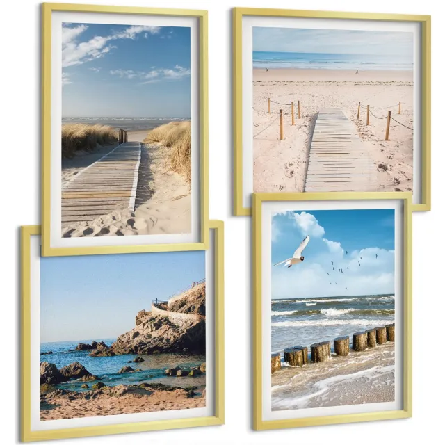 TULUP 4-Delige Schilderij Set - Strand met zand, golven, lucht en vogels in de lucht. - 40 x 40 cm en 40 x 60 cm - Muurdecoratie - Schilderijen Set - Woonkamer - Interieur Decoratie Gouden lijst