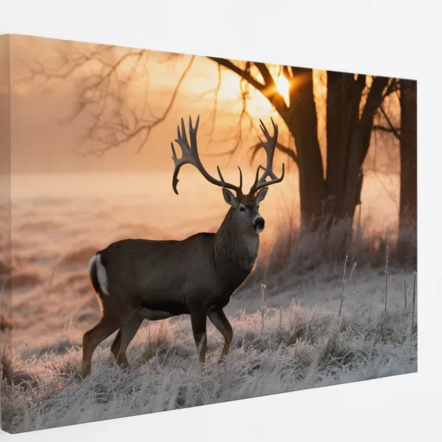 Saammp Canvas Schilderij - hert met zonsopgang in bevroren gras - Natuur - Dieren - 40x30 - Foto op canvas - Wanddecoratie - Muurdecoratie Woonkamer - Slaapkamer decoratie - Canvas Print Multicolor
