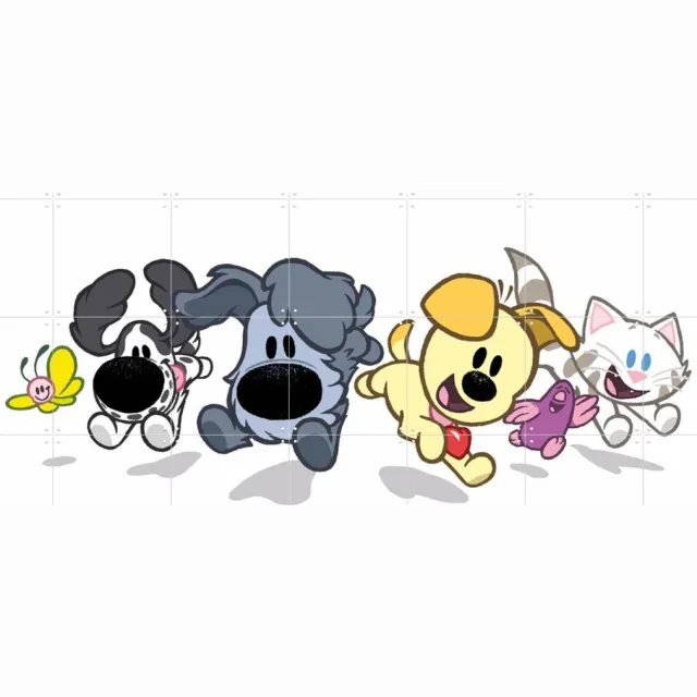 IXXI Woezel & Pip en hun Vriendjes, Woezel & Pip & Van Hoorne Studios - 140 x 100 cm - Grote wanddecoratie en posters - Illustraties, Cartoonesk Wit / Blauw / Grijs