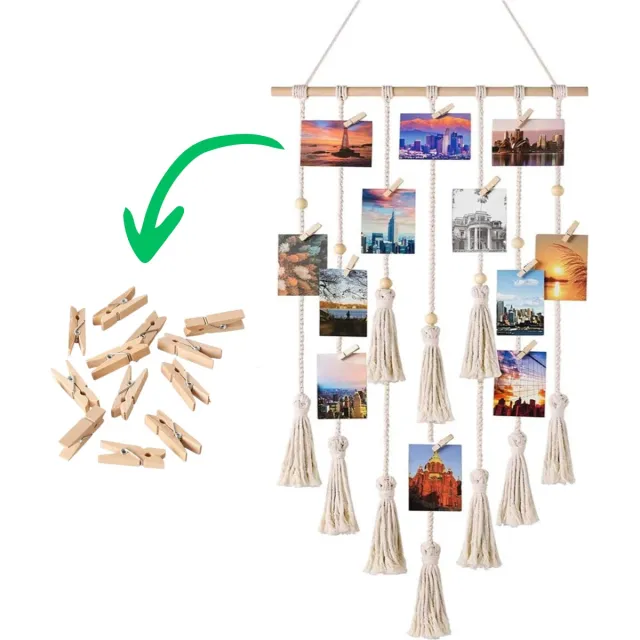 Cozella Macramé Wandkleed – Fotorek Memobord Fotokader – Boho Woonkamer Wanddoek – 30 Houten Knijpers Beige