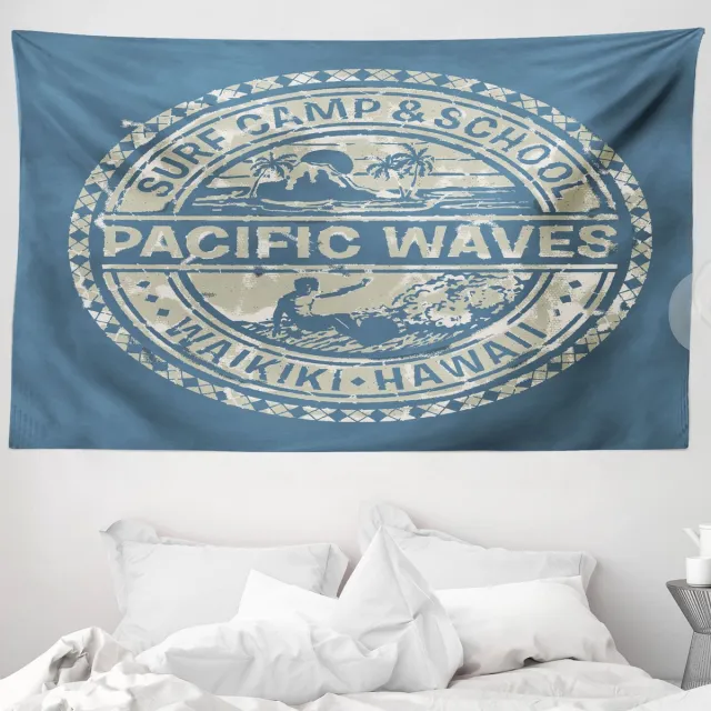 ABAKUHAUS Modern Wandtapijt, met Pacific Waves Surf Camp en Hawaii-logo, 230 x 140 cm, kaki leisteenblauw Khaki leisteenblauw