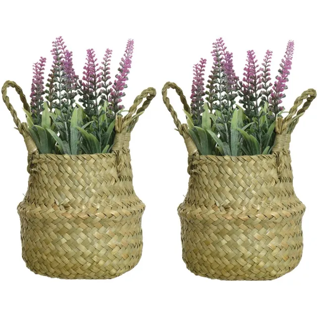 Everlands Lavendel kunstplant in rieten mand - 2x - lichtroze - D16 x H27 cm