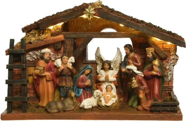 Decoris Complete kerststal met figuren en LED verlichting op batterij - 15cm Hoog Multi color