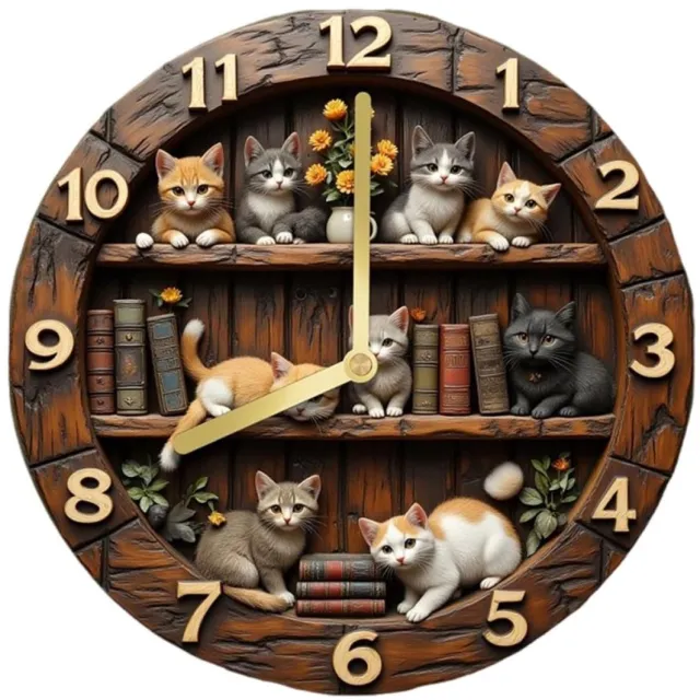 longziming Wanduhr Met Kattemotief - Vintage Houtnerf - Stil Sweep Mechanisme En Groot 30 Cm Zifferblad - 1 Stuk - Neutraal Bruin