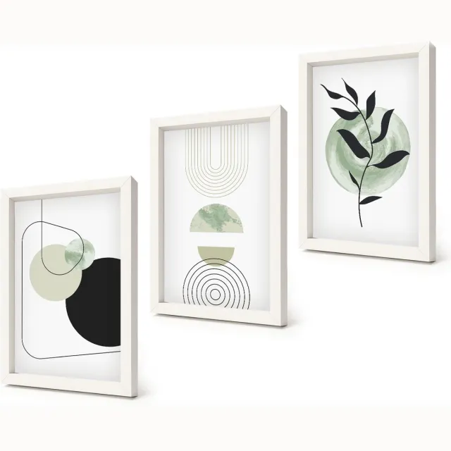 Coloray 3-Delige Schilderij Set - Abstracte vormen en plantmotieven in groen - 20x30 - Stijlvolle Muurdecoratie - Slaapkamer Witte lijst
