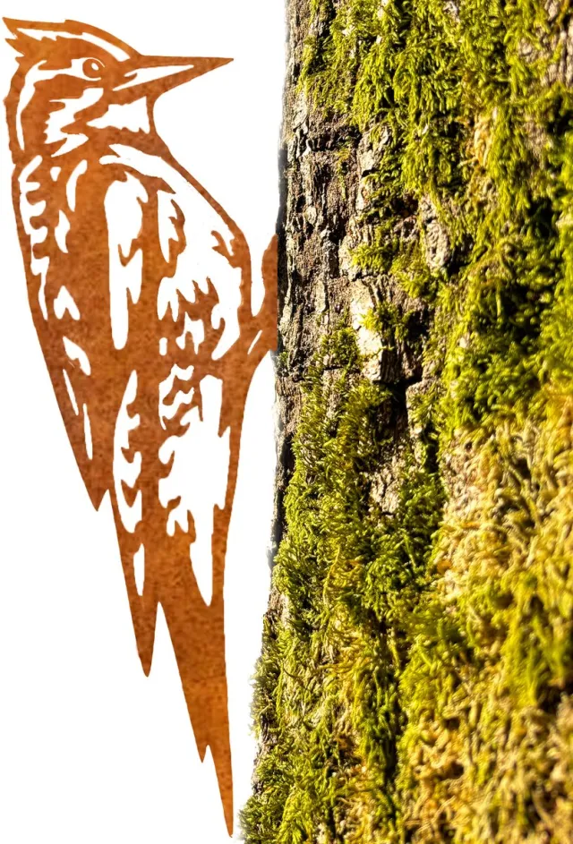 Steelhouet Steelhout - Metaal silhouet Hamerende specht - Cortenstaal - Tuindecoratie - Groot - Voor in een boom - Roest Boomprikker - Uniek cadeau - H30cm x B14cm