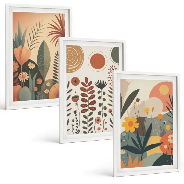 Coloray 3-Delige Schilderij Set - Boho-Plantenpatronen In Warme Tinten Met Natuur. - 40 x 60 - Decoratieve Schilderijen - Wanddecoratie - Hal - Woonkamer Decoratie Witte lijst