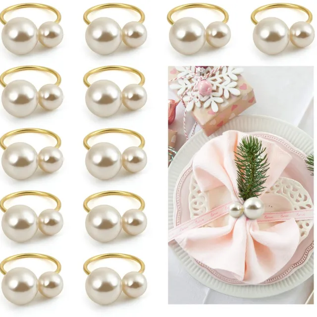 Famanu 12 gouden servetringen met parels, vintage servethouders voor tafeldecoratie bij bruiloften, feesten en kerst