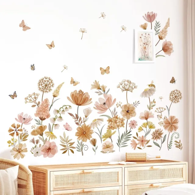 Ibenzoa Wanddecoratie Plakstickers met Bloemen en Vlinders voor Diverse Kamers Bruin