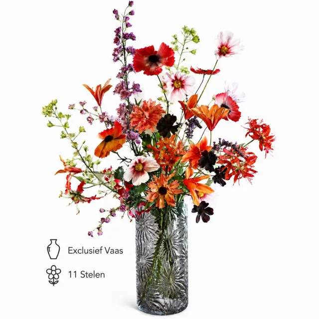 Bloemenjunkie Kunstbloemen - Zijden Bloemen Boeket - Nepbloemen - Kunstboeket - 75cm Hoog - Luxe & Onderhoudsvrij - Herfst - Dahlia oranje, groen, burgundy