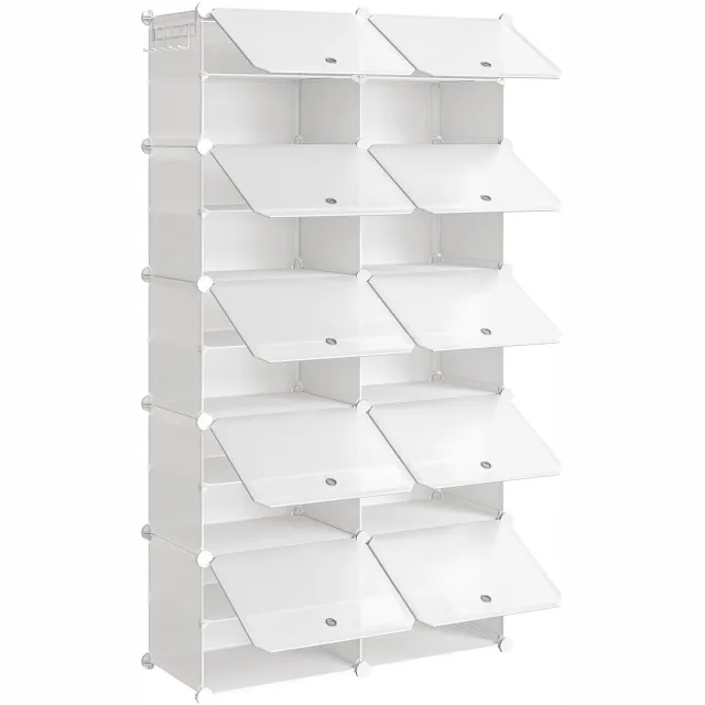 Famanu Schoenenopslag met 10 vakken, voor 40 paar schoenen, 40 x 30 x 30 cm per vak, slank ontwerp met deuren, vervaardigd uit kunststof, geschikt voor gebruik in woonkamer, slaapkamer, hal en entree, in witte kleur