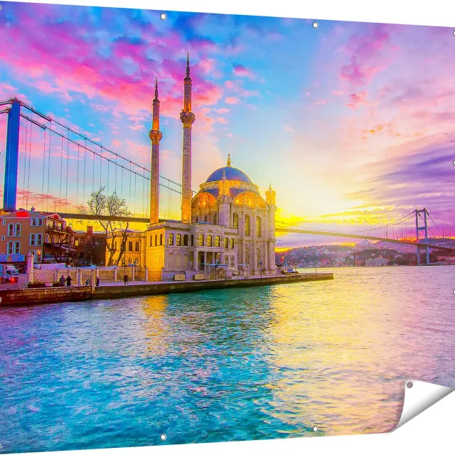 Gards Tuinposter Kleurrijke Ortakoy Moskee in Instanbul - 150x120 cm - Tuindoek - Tuindecoratie - Wanddecoratie buiten - Tuinschilderij Multikleur