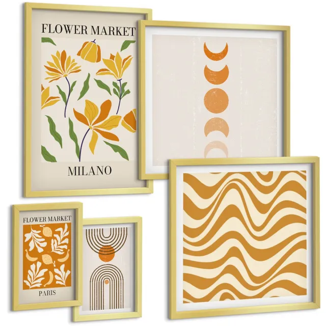 Coloray 5-Delige Schilderij Set - Stijlvolle Decoraties Met Bloemen- En Geometrische Motieven. - 50 x 50 cm, 20 x 30 cm En 40 x 60 cm - Wanddecoratie - Schilderijen Set - Interieur Gouden lijst