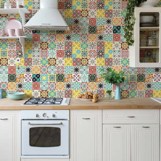 Ambiance Sticker Zelfklevende tegelmuurstickers voor keuken en badkamer - 60 cementtegelstickers, Azulejos Lionitio - 60 stickers, 15x15cm Multi color