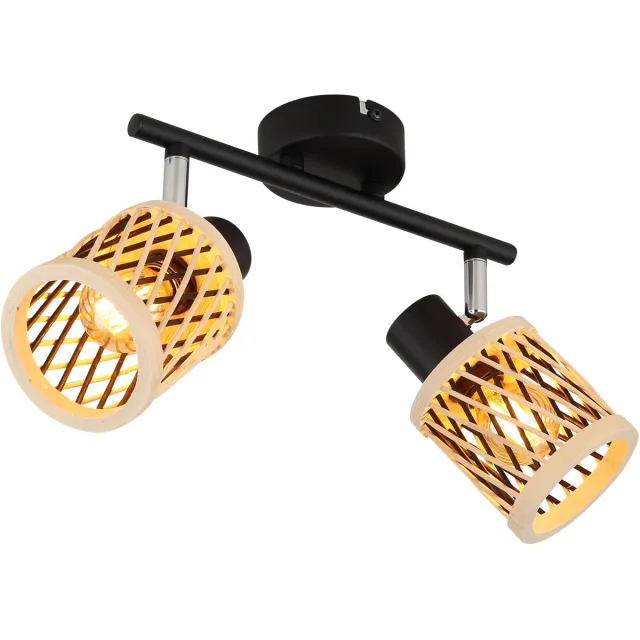 Globo Plafondspot bamboe plafondlamp 2 vlammen woonkamerlamp zwenkbaar, metaal, 2x E14, LxH 25 x 19 cm Zwart