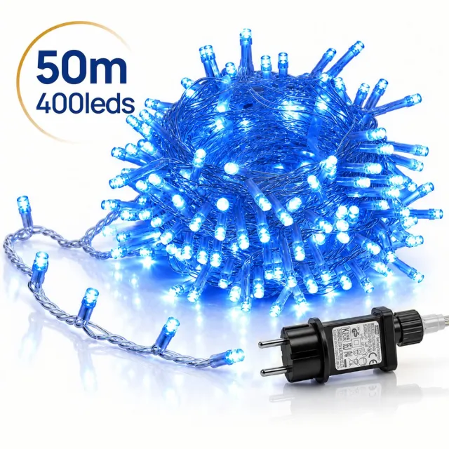LAPAMAX LED Lichtsnoer - Kerstverlichting 50 m 400 LEDs Blauw - Zonder Tail Plug - 31 V Laagspanning met Timer, Geheugen en 8 Lichtstanden - Kerstboomverlichting met Adapter en 3 m Aanloopsnoer