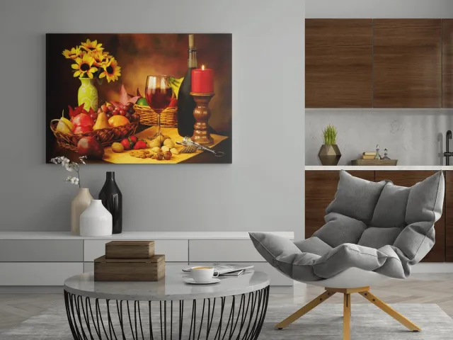 Trendex Global Canvas Schilderij - Rode Wijn en Vruchten - Eten - Drinken - 90x60x2 cm Blauw