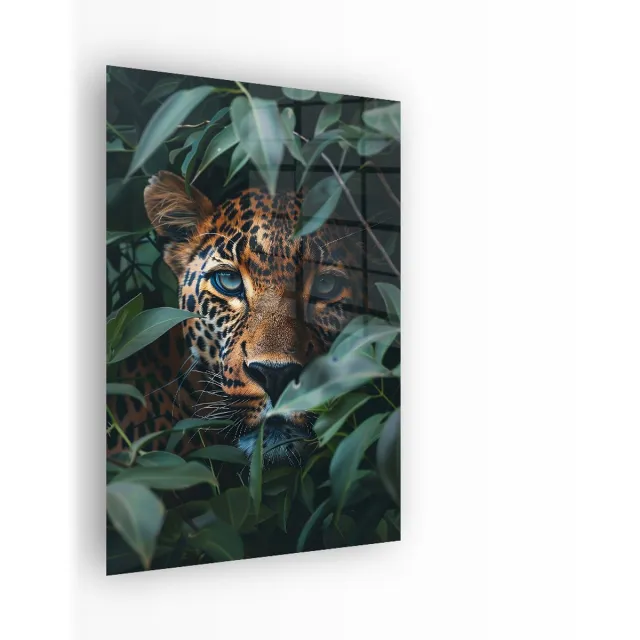 Indoorart Glasschilderij Luipaard Bladeren 40x60 CM - Afbeelding op plexiglas - Inclusief montagemateriaal groen, zwart, wit, bruin