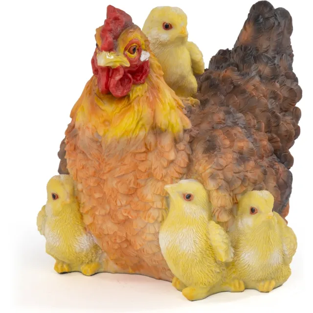 Moritz Tuinbeeld - Kip met 4 kuikens - Zittend - 19,5 cm - Bruin Bruin-geel