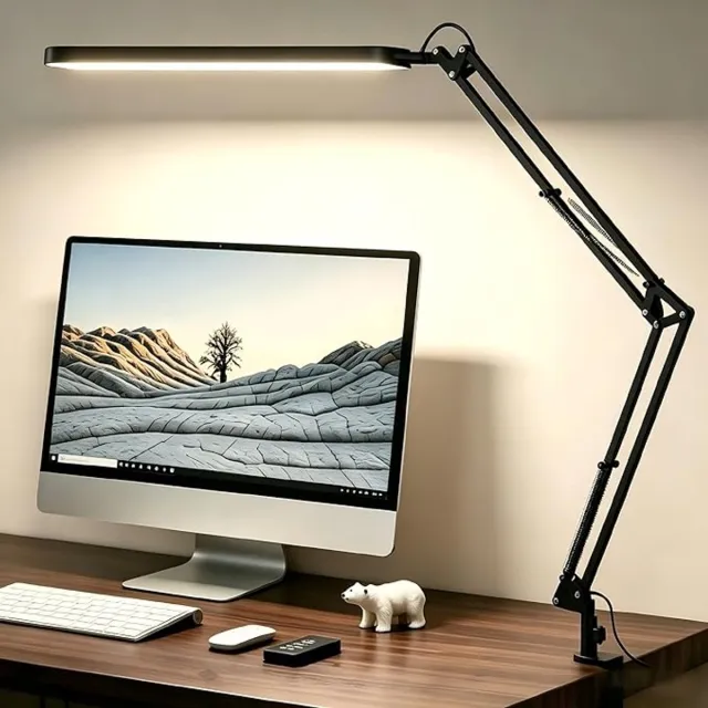 S-S LED-Bureaulamp-met-Klem-Dubbele-Kop-Flexibele-Zwanenhals-12W-960LM-5-Kleurtemperaturen-10-Heldereheidsniveaus-Timer-en-Geheugenfunctie-Oogbescherming-Werklamp-Monitorverlichting-en-Studielamp-Energieklasse-F zwart