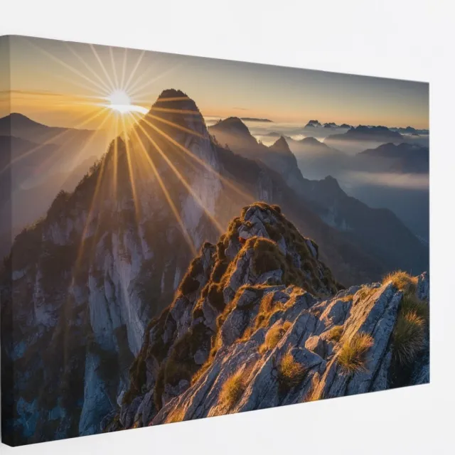 Saammp Canvas Schilderij -Bergtoppen met zonsopgang - Landschap - Natuur - 45x30 - Foto op canvas - Wanddecoratie - Muurdecoratie Woonkamer - Slaapkamer decoratie - Canvas Print Multicolor