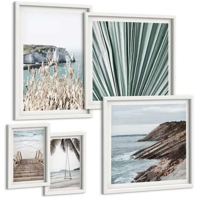 Coloray 5-Delige Schilderij Set - Kustlandschappen Met Stranden En Tropische Vegetatie - 50 x 50 cm, 20 x 30 cm En 40 x 60 cm - Wanddecoratie - Muurdecoratie - Moderne Interieurdecoratie Witte lijst