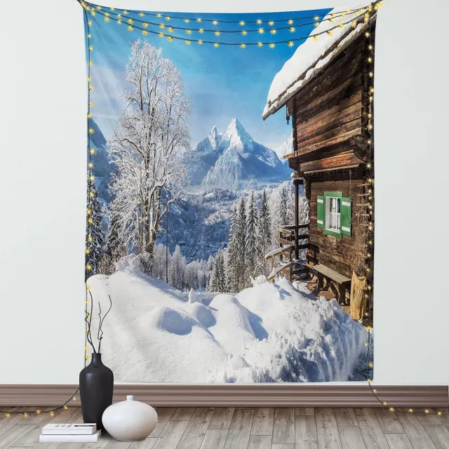 ABAKUHAUS Schneeberg Wandtapijt, houten chalet in de Alpen, woonkamer slaapkamer wanddoek zijdezacht satijnen wandtapijt, 150 x 200 cm, kobaltblauw meerkleurig Cobalt Blue Multicolor