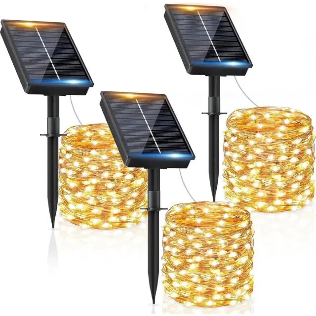 GelldG 3 stuks solar lichtsnoeren - Solar lichtsnoeren voor buiten - 12 meter, 100 leds - Waterdicht - 8 standen - Geschikt voor binnentuinen, terrassen, bruiloften, feesten en festivals - Warm wit licht